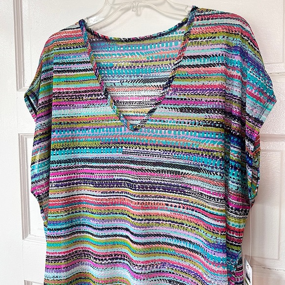 Anne Cole V-Neck Mesh Tunic Swimsuit Coverup Colorful Stripes Ruched Sides NWT - Picture 7 of 14